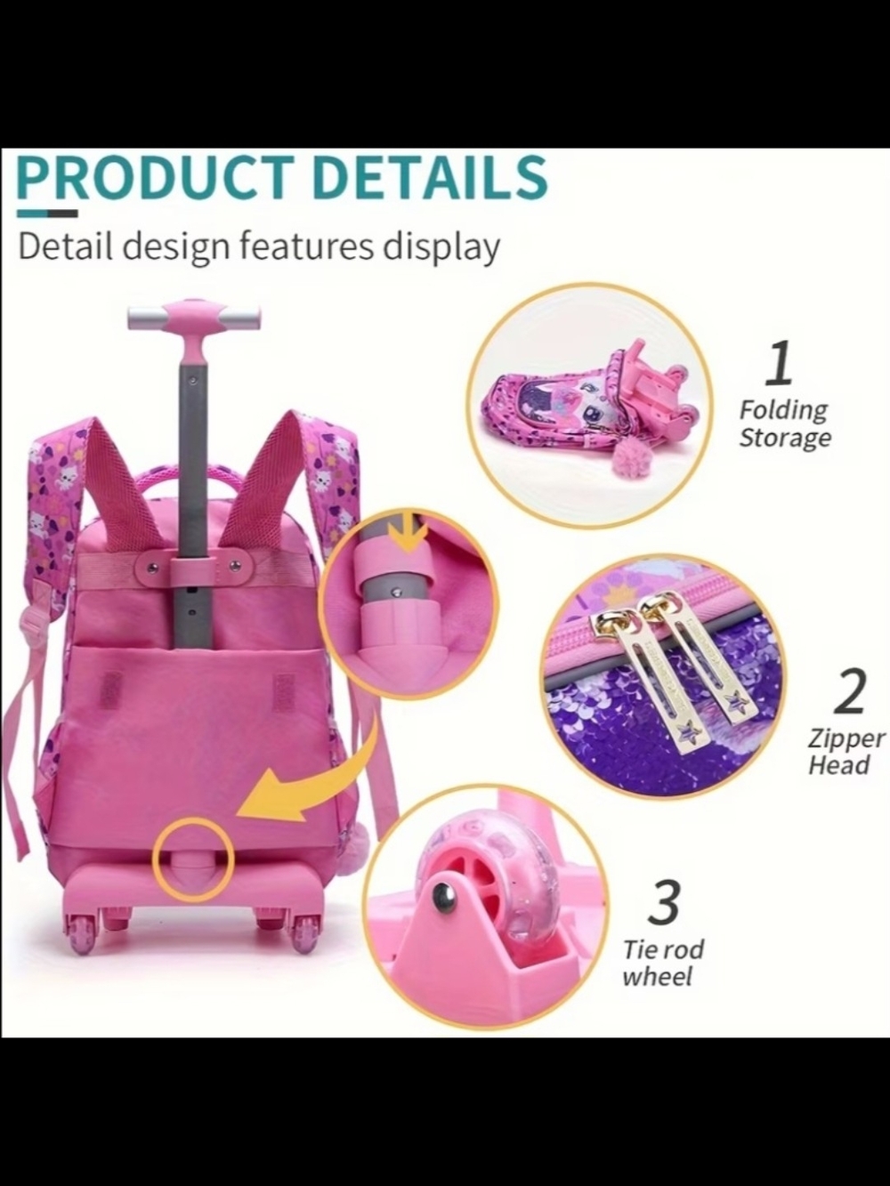 3pc Girls Rolling Backpack Set - Flip Sequin Cat School Bag, Lunch Box & Pencil - Picture 16 of 17